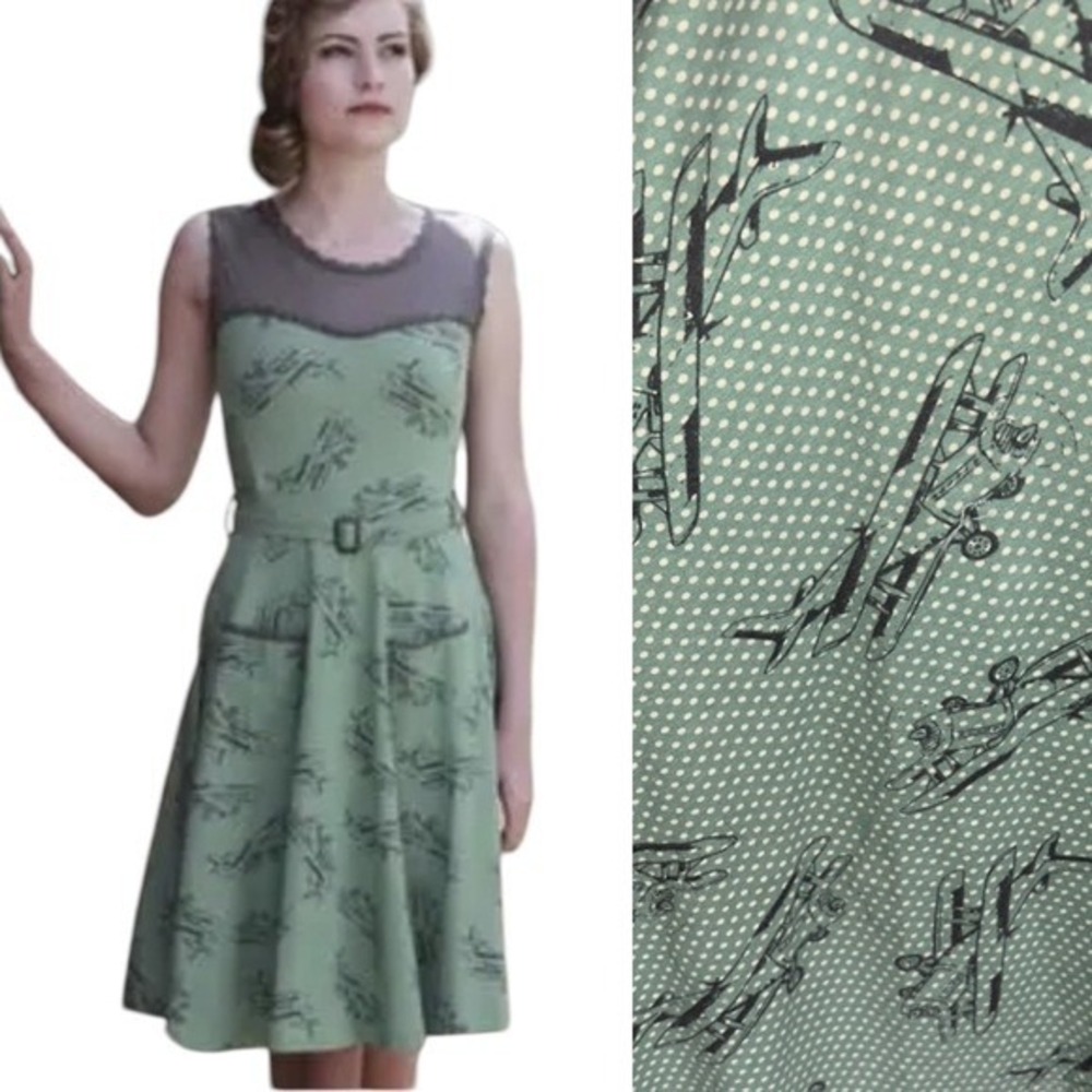 Effies Heart‎ Women's Sleeveless Plane Print Airplane Midi Dress wMesh Neckline